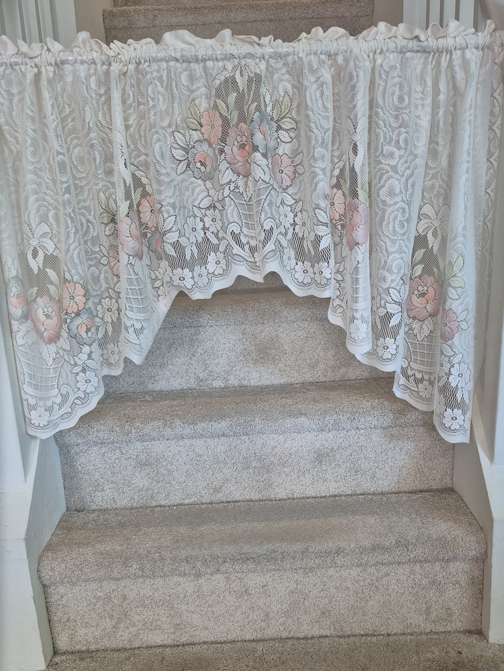 Vintage Style White Lace Swag Curtain with Floral Accents - 72x30